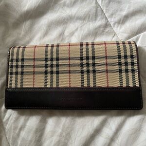 Burberry long wallet with classic plaid and leather trim
